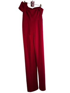 Marina Red One Shoulder Ruffle Wide Leg Jumpsuit - Size Small
